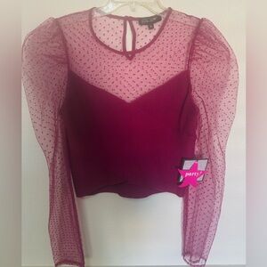 Sheer Dot Puff-Sleeve Crop Top in Berry Magenta